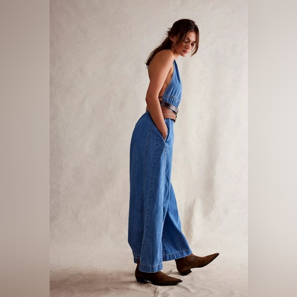 NWOT Free People Sunrays Denim Halter Jumpsuit - Picture 5 of 9